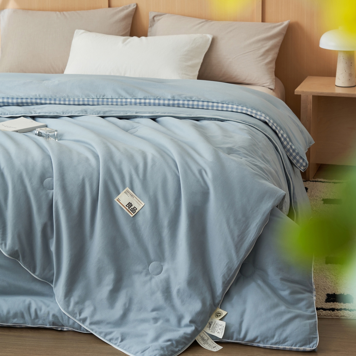 91家纺网 家纺一手货源 找家纺 子由家居 2025新款无印风棋盘格立体大豆被被子被芯 棋盘格-浅蓝
