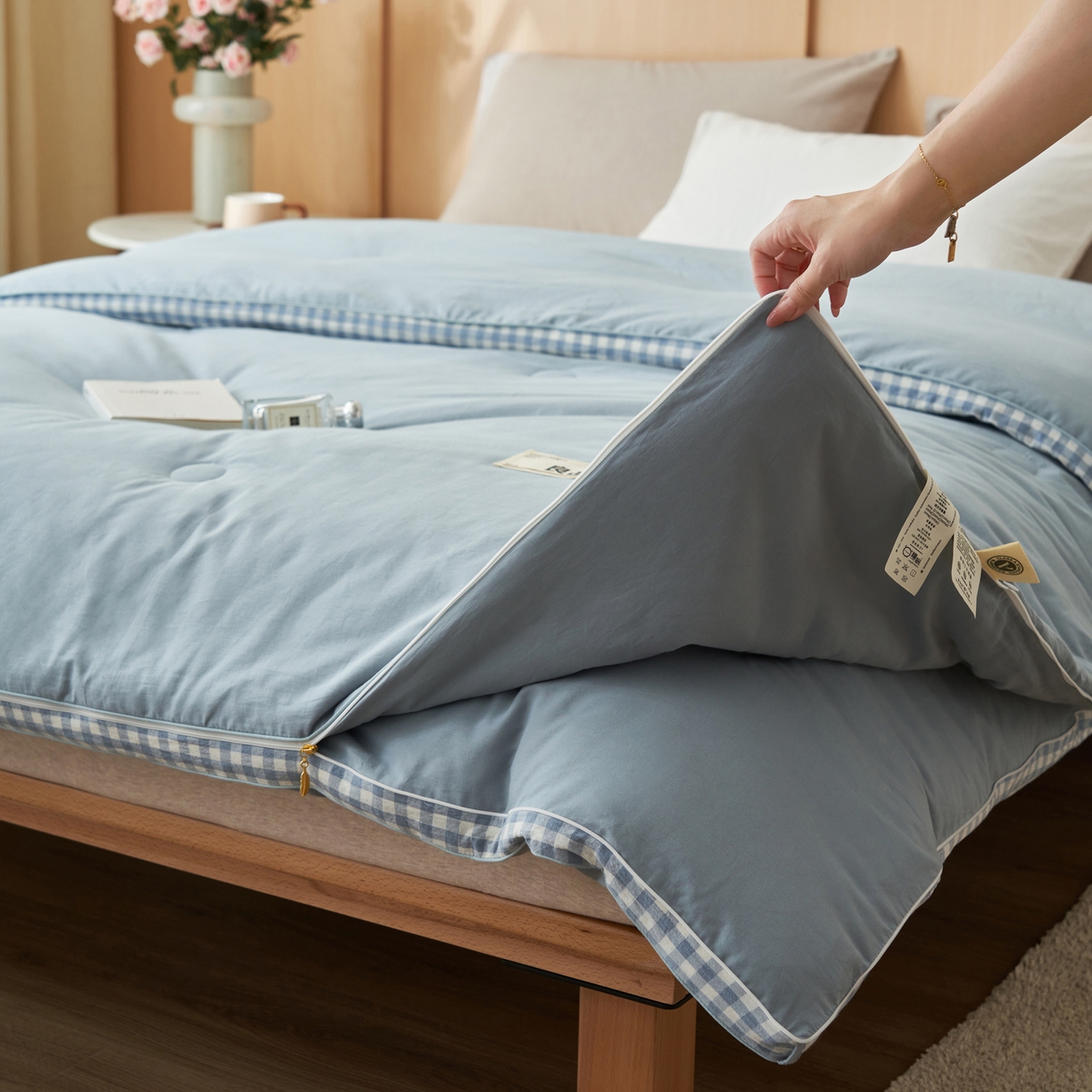 91家纺网 家纺一手货源 找家纺 子由家居 2025新款无印风棋盘格立体大豆被被子被芯 棋盘格-浅蓝