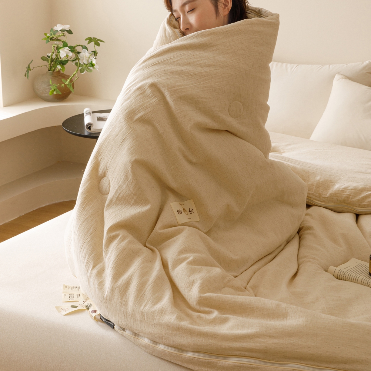 91家纺网 家纺一手货源 找家纺 子由家居 2025新款纯棉水洗棉麻55大豆被被子被芯 棉麻55子母被