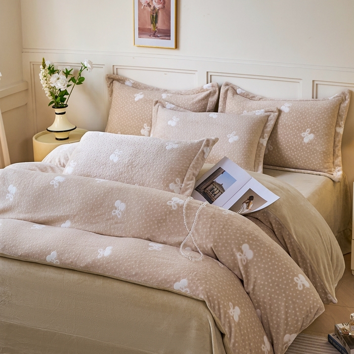 91家纺网 家纺一手货源 找家纺 尚品凤凰 2025新款雕花绒牛奶绒四件套 小樱桃-卡其