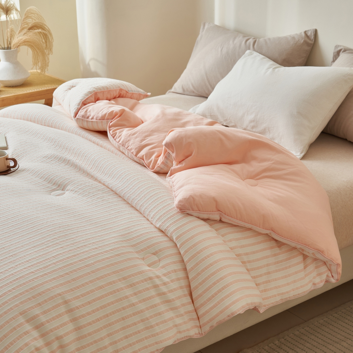 91家纺网 家纺一手货源 找家纺 子由家居 2025新款水洗简约条纹大豆冬被被子被芯 色织条纹-浅粉
