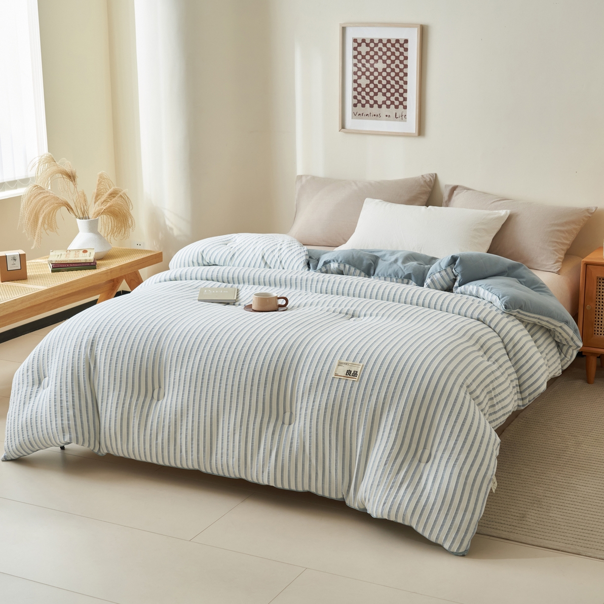 91家纺网 家纺一手货源 找家纺 子由家居 2025新款水洗简约条纹大豆冬被被子被芯 色织条纹-浅蓝