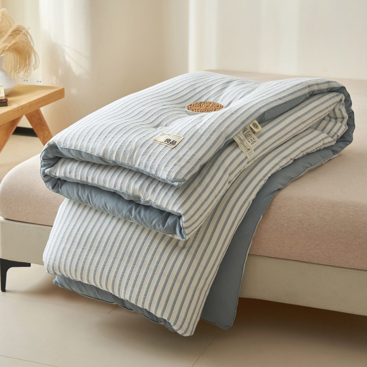 91家纺网 家纺一手货源 找家纺 子由家居 2025新款水洗简约条纹大豆冬被被子被芯 色织条纹-浅蓝