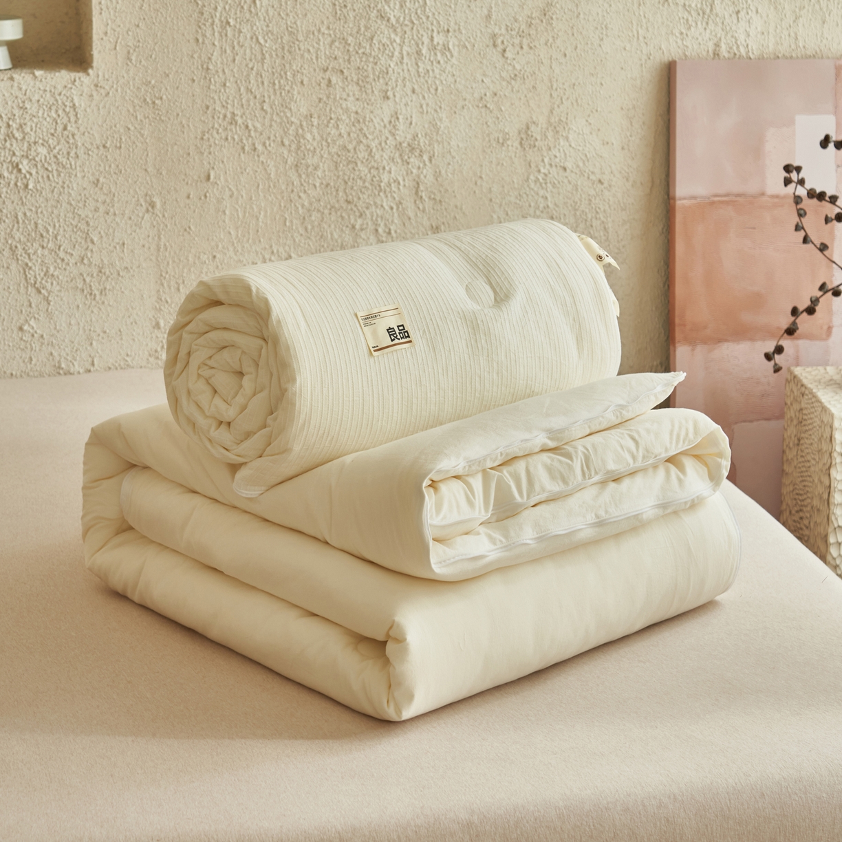 子由家居 2025新款水洗简约条纹大豆子母被被子被芯 色织条纹-本白