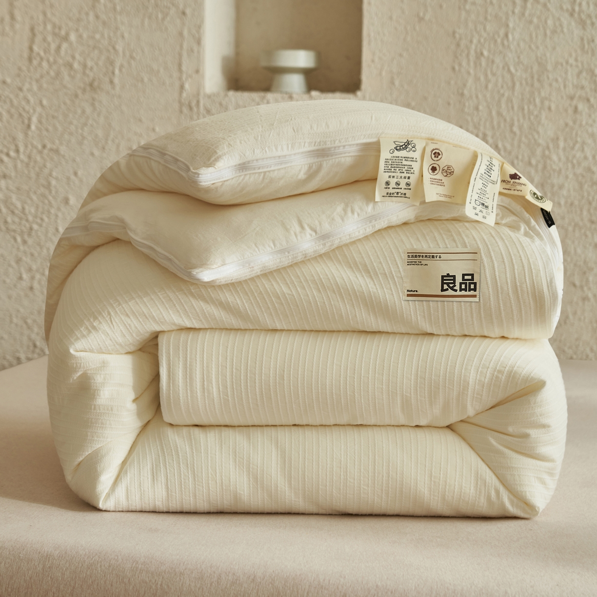 91家纺网 家纺一手货源 找家纺 子由家居 2025新款水洗简约条纹大豆子母被被子被芯 色织条纹-本白