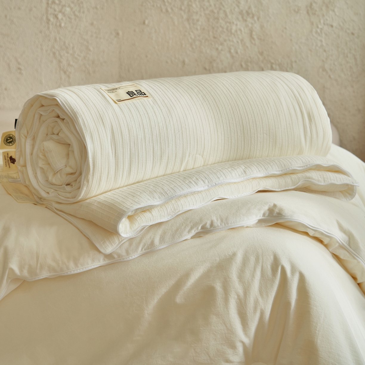 91家纺网 家纺一手货源 找家纺 子由家居 2025新款水洗简约条纹大豆子母被被子被芯 色织条纹-本白