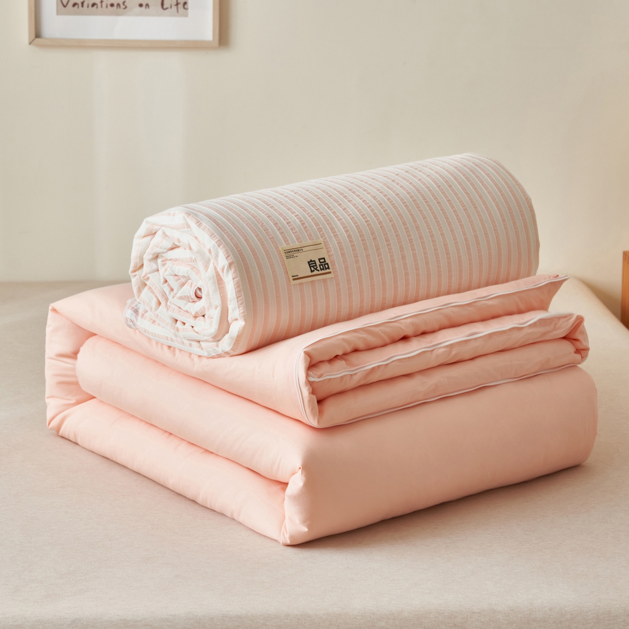 子由家居 2025新款水洗简约条纹大豆子母被被子被芯 色织条纹-浅粉