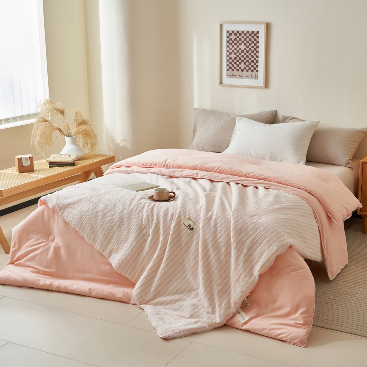 91家纺网 家纺一手货源 找家纺 子由家居 2025新款水洗简约条纹大豆子母被被子被芯 色织条纹-浅粉