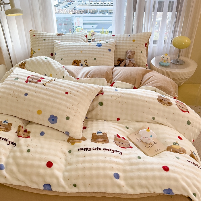 91家纺网 家纺一手货源 找家纺 摩妮卡 2025新款小清新加厚260克牛奶绒泡泡绒四件套 快乐每一天