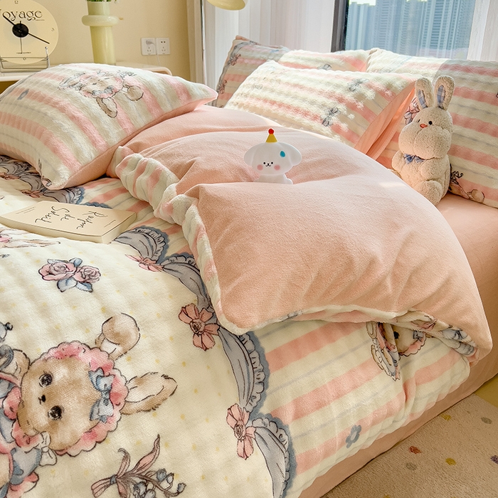 91家纺网 家纺一手货源 找家纺 摩妮卡 2025新款小清新加厚260克牛奶绒泡泡绒四件套 洛丽兔