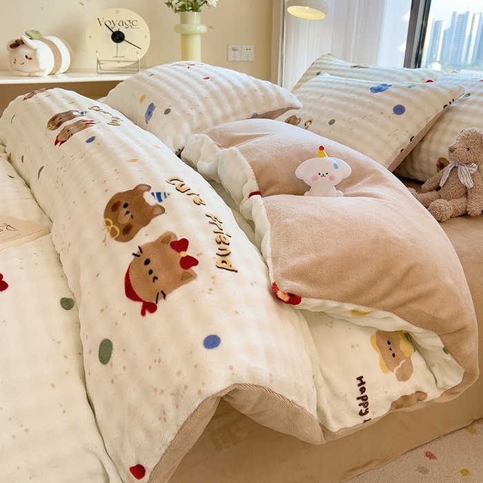 91家纺网 家纺一手货源 找家纺 摩妮卡 2025新款小清新加厚260克牛奶绒泡泡绒四件套 快乐每一天