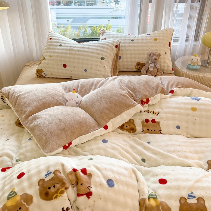 91家纺网 家纺一手货源 找家纺 摩妮卡 2025新款小清新加厚260克牛奶绒泡泡绒四件套 快乐每一天