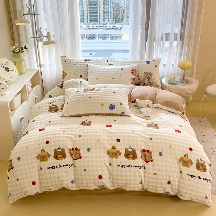 91家纺网 家纺一手货源 找家纺 摩妮卡 2025新款小清新加厚260克牛奶绒泡泡绒四件套 快乐每一天