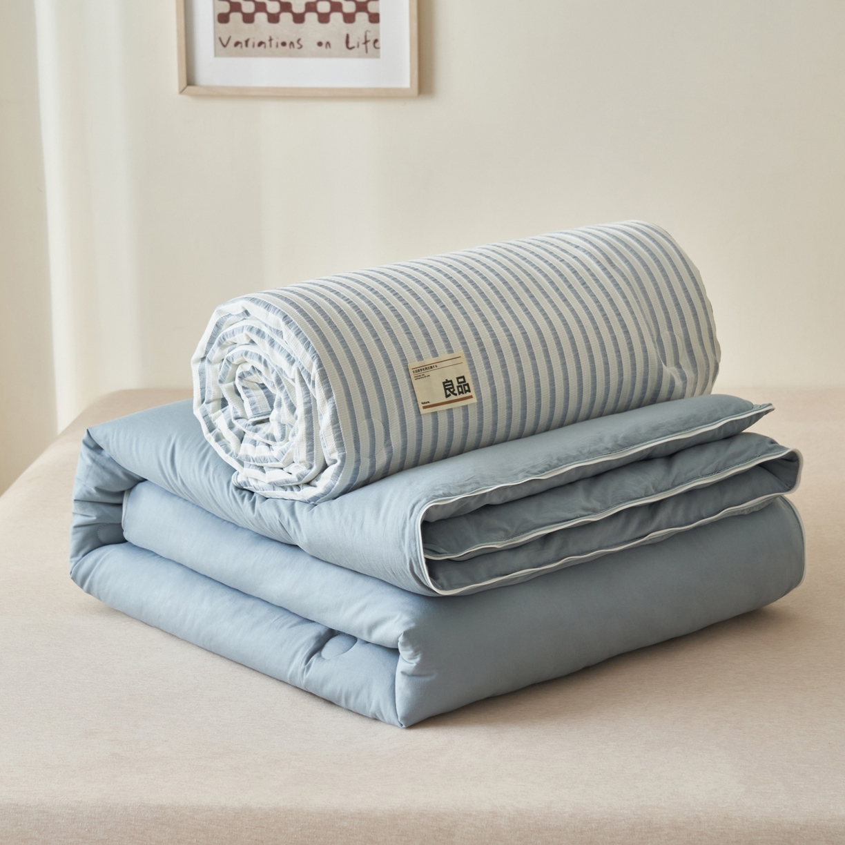 子由家居 2025新款水洗简约条纹大豆子母被被子被芯 色织条纹-浅蓝