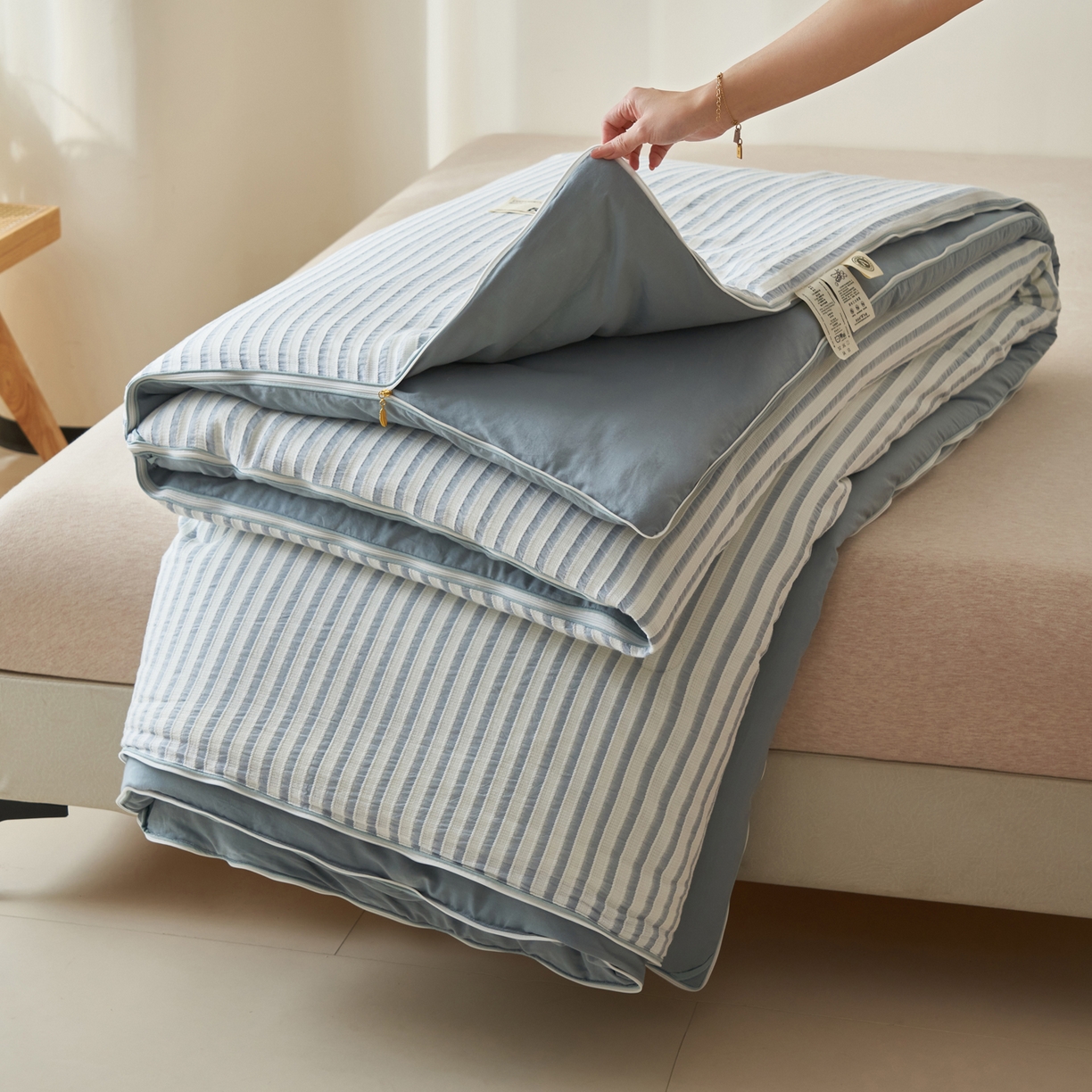 91家纺网 家纺一手货源 找家纺 子由家居 2025新款水洗简约条纹大豆子母被被子被芯 色织条纹-浅蓝