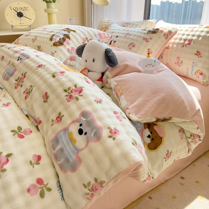 摩妮卡 2025新款小清新加厚260克牛奶绒泡泡绒四件套 花园狗