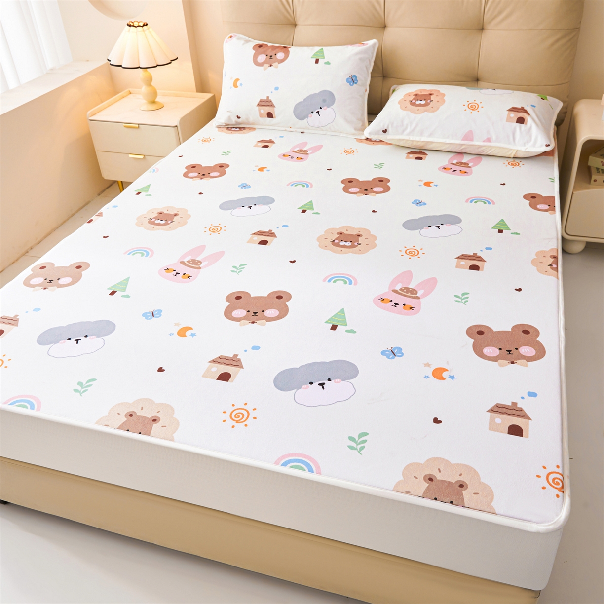 91家纺网 家纺一手货源 找家纺 雯豆家纺 2025新款TPU防水隔尿床笠防脏垫单床笠床笠单件 防水床笠-呆萌熊