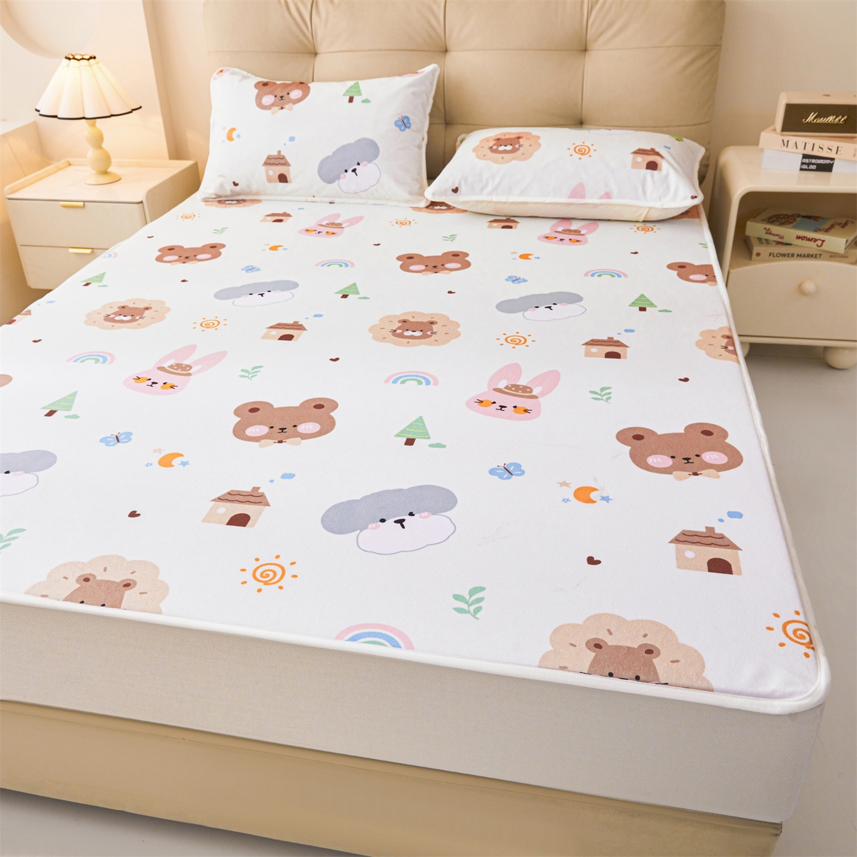 91家纺网 家纺一手货源 找家纺 雯豆家纺 2025新款TPU防水隔尿床笠防脏垫单床笠床笠单件 防水床笠-呆萌熊