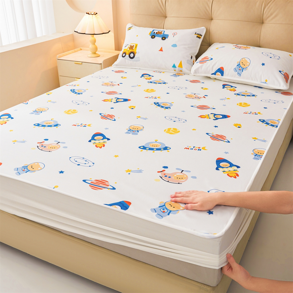 雯豆家纺 2025新款TPU防水隔尿床笠防脏垫单床笠床笠单件 防水床笠-火箭飞船