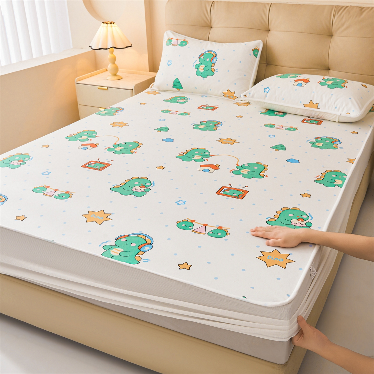 雯豆家纺 2025新款TPU防水隔尿床笠防脏垫单床笠床笠单件 防水床笠-恐龙运动员