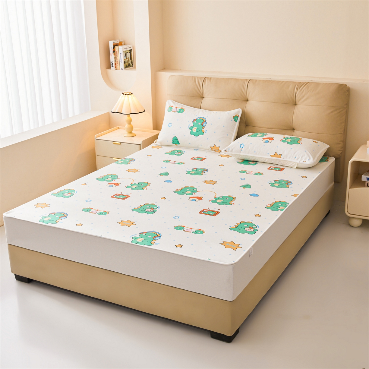 91家纺网 家纺一手货源 找家纺 雯豆家纺 2025新款TPU防水隔尿床笠防脏垫单床笠床笠单件 防水床笠-恐龙运动员