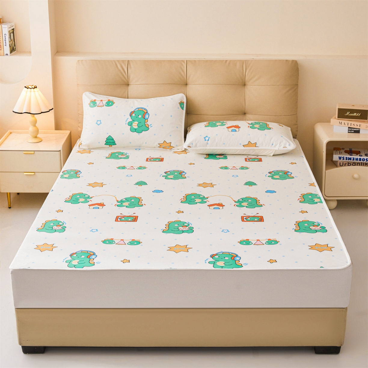 91家纺网 家纺一手货源 找家纺 雯豆家纺 2025新款TPU防水隔尿床笠防脏垫单床笠床笠单件 防水床笠-恐龙运动员