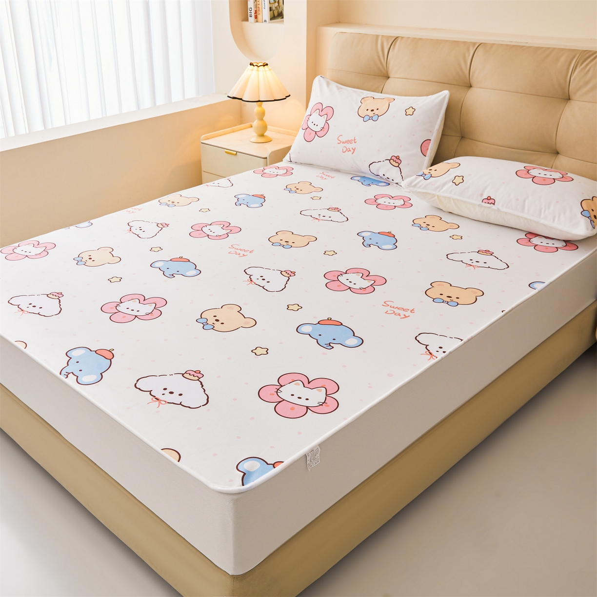 91家纺网 家纺一手货源 找家纺 雯豆家纺 2025新款TPU防水隔尿床笠防脏垫单床笠床笠单件 防水床笠-猫咪花花