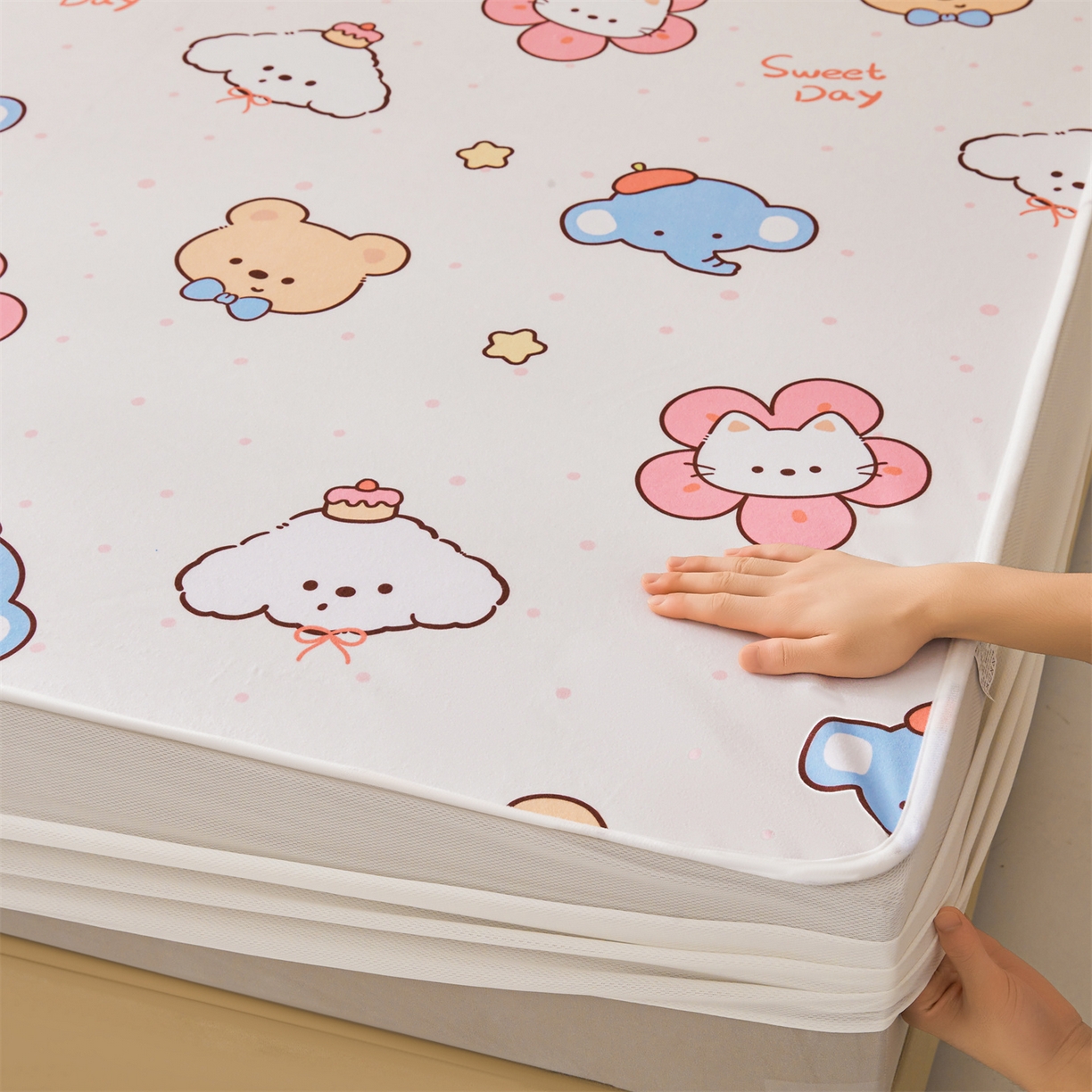 91家纺网 家纺一手货源 找家纺 雯豆家纺 2025新款TPU防水隔尿床笠防脏垫单床笠床笠单件 防水床笠-猫咪花花