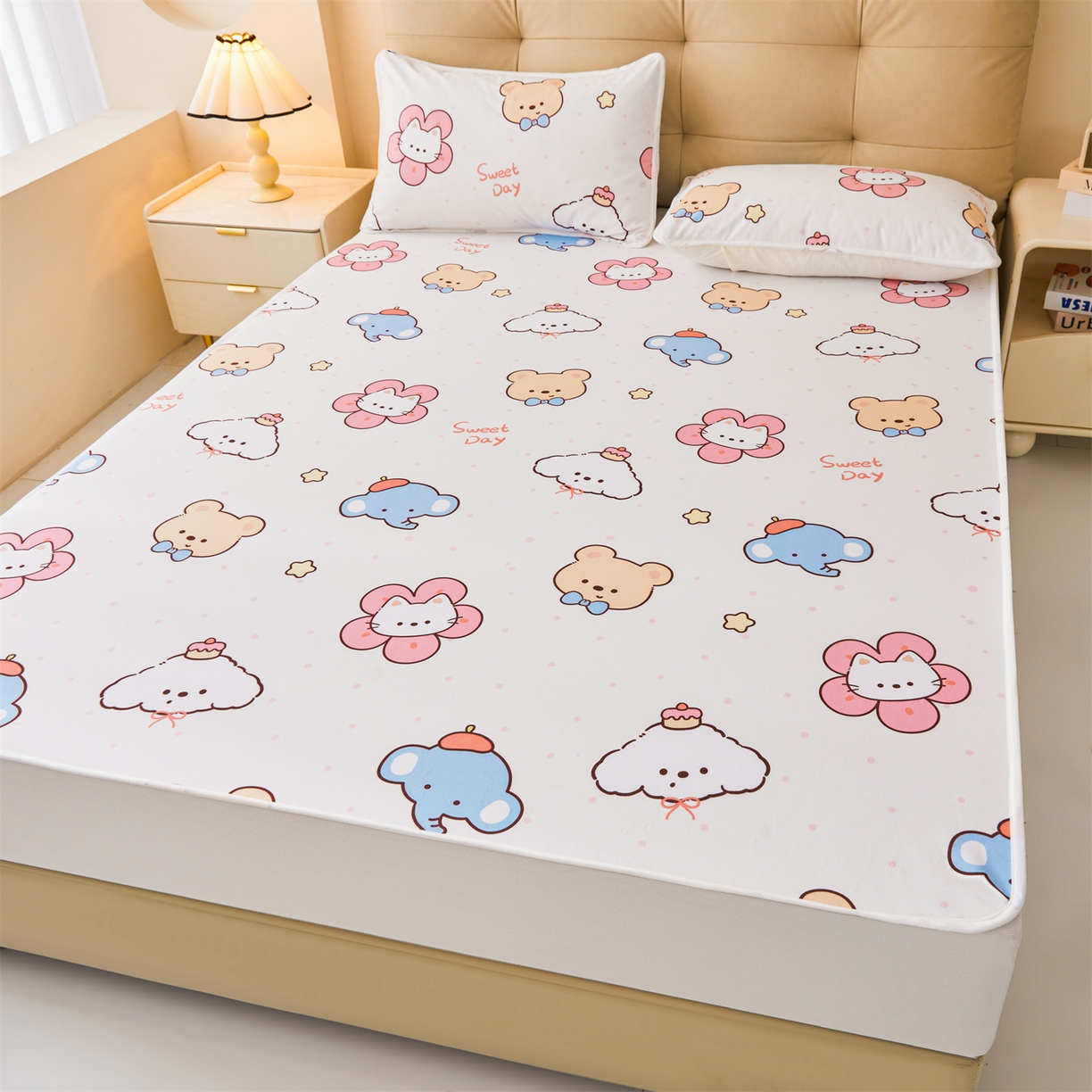 91家纺网 家纺一手货源 找家纺 雯豆家纺 2025新款TPU防水隔尿床笠防脏垫单床笠床笠单件 防水床笠-猫咪花花