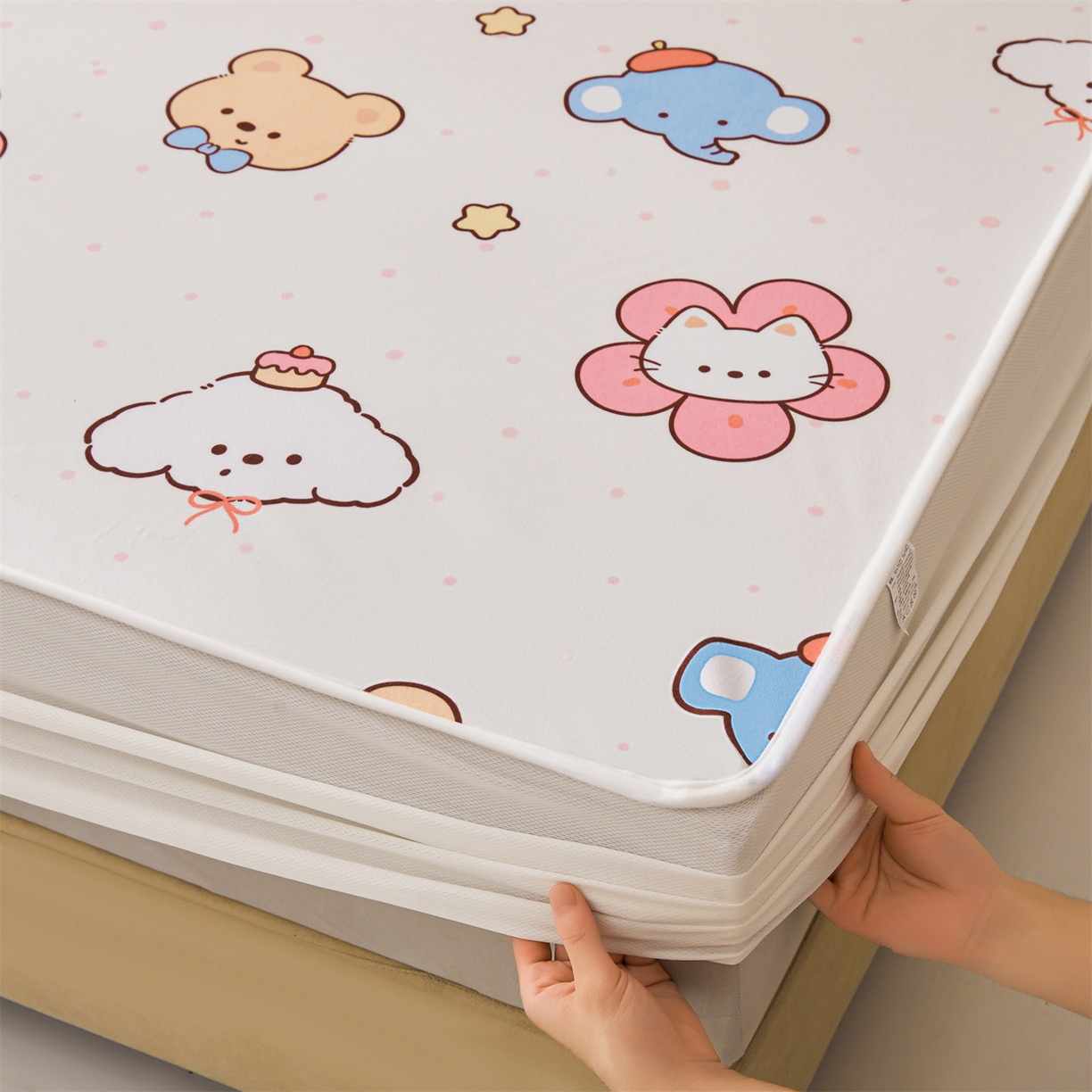 91家纺网 家纺一手货源 找家纺 雯豆家纺 2025新款TPU防水隔尿床笠防脏垫单床笠床笠单件 防水床笠-猫咪花花