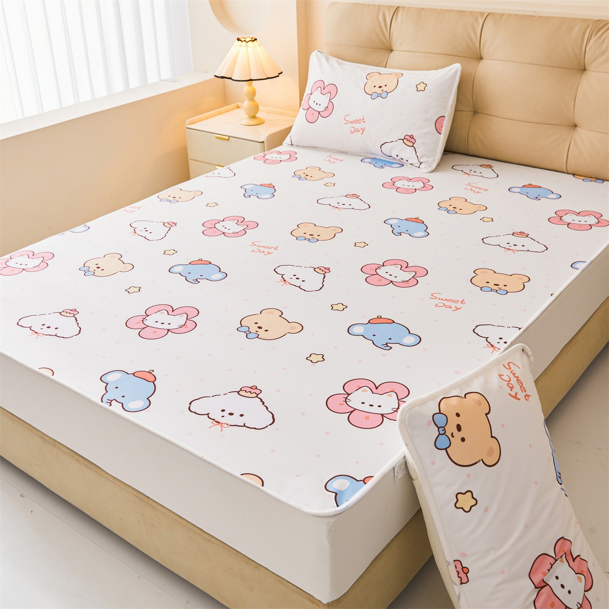 91家纺网 家纺一手货源 找家纺 雯豆家纺 2025新款TPU防水隔尿床笠防脏垫单床笠床笠单件 防水床笠-猫咪花花