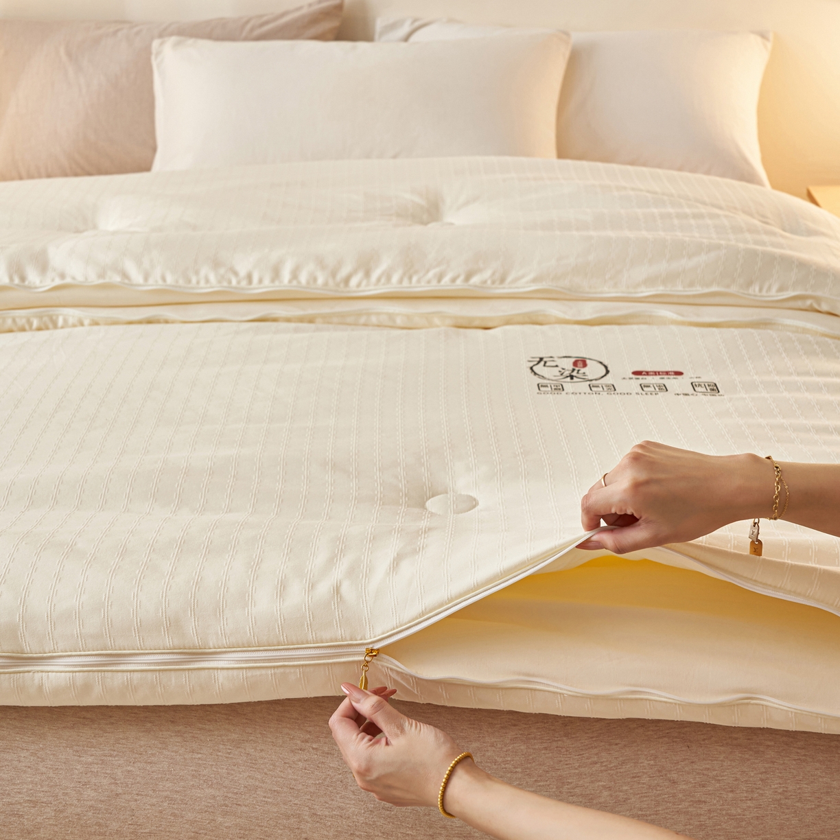 91家纺网 家纺一手货源 找家纺 子由家居 2025新款水洗长城格提花子母被被子被芯 长城格-本白