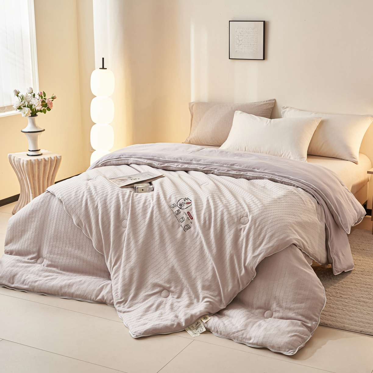 91家纺网 家纺一手货源 找家纺 子由家居 2025新款水洗长城格提花子母被被子被芯 长城格-浅灰