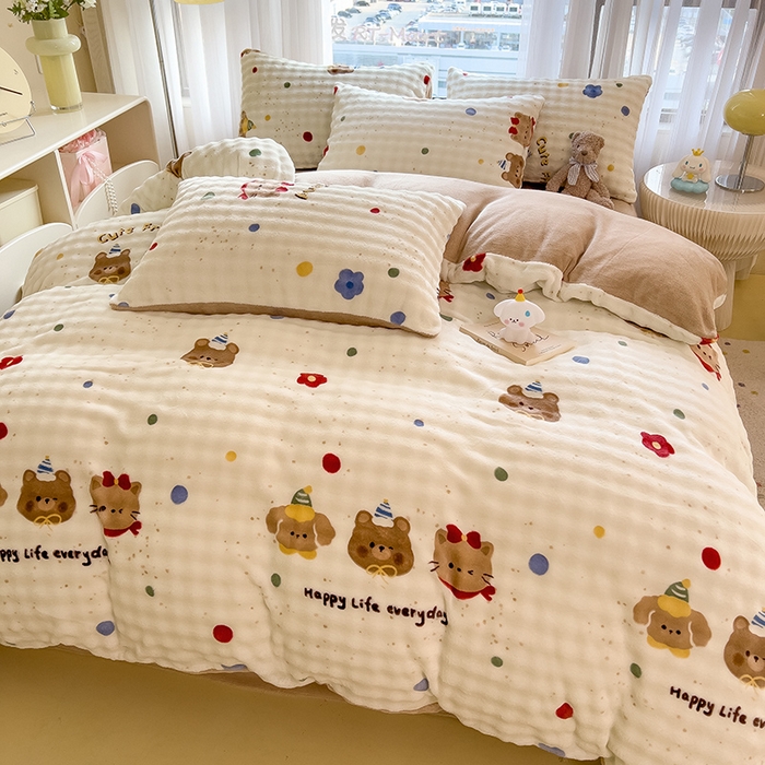 91家纺网 家纺一手货源 找家纺 摩妮卡 2025新款小清新加厚260克牛奶绒泡泡绒四件套 快乐每一天