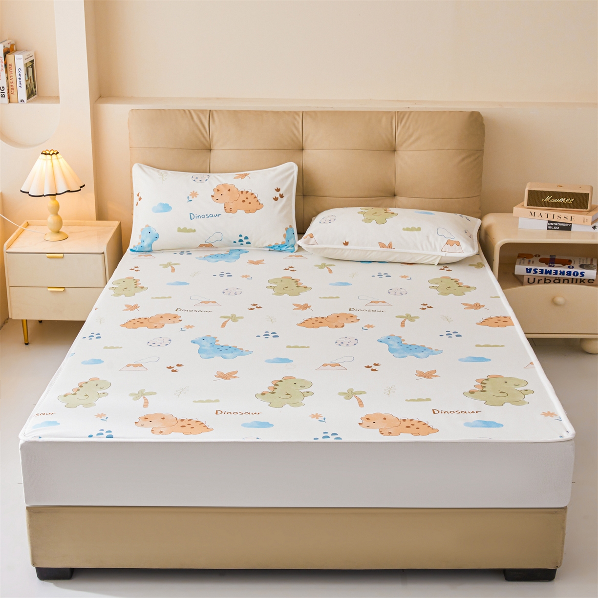 91家纺网 家纺一手货源 找家纺 雯豆家纺 2025新款TPU防水隔尿床笠防脏垫单床笠床笠单件 防水床笠-沙滩恐龙