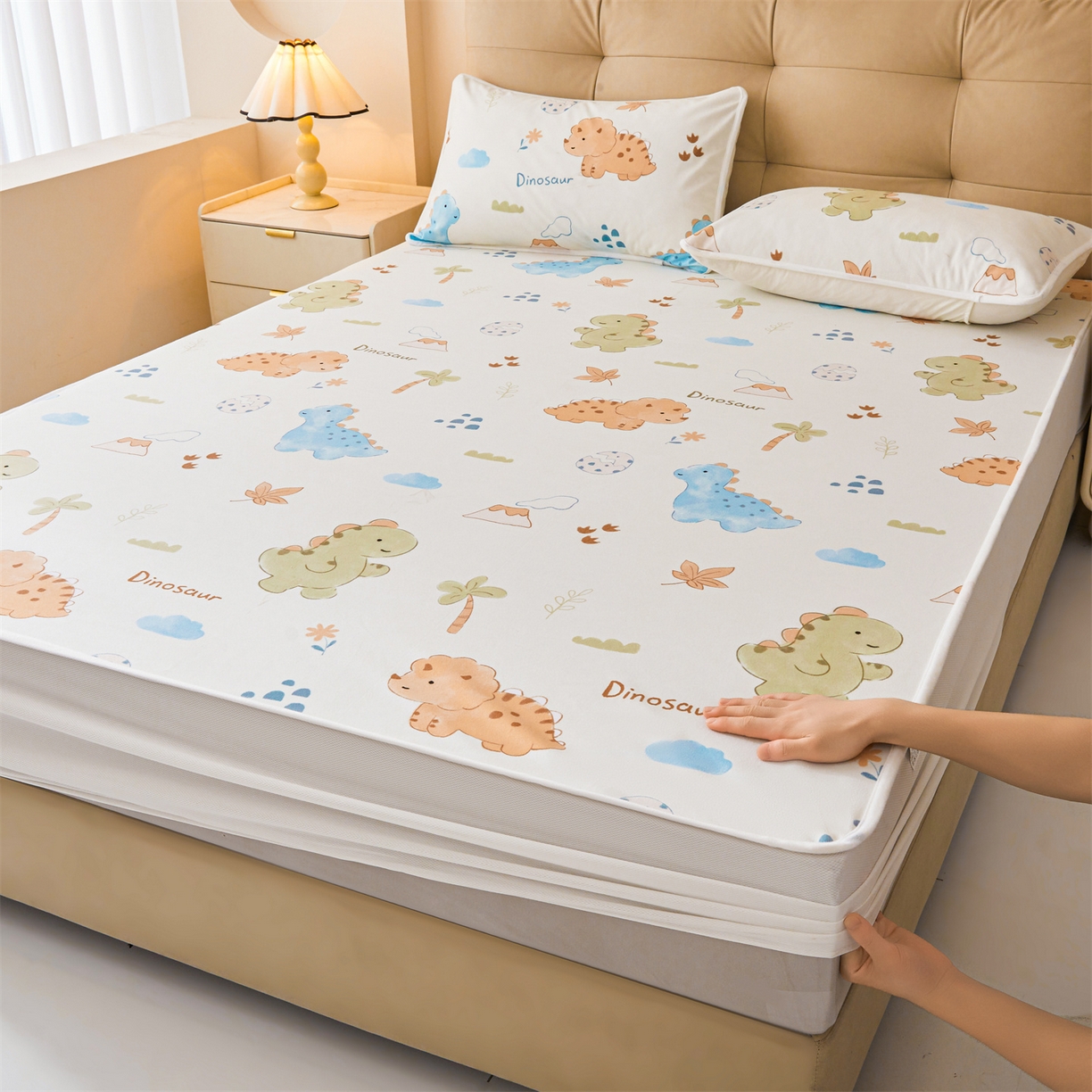 雯豆家纺 2025新款TPU防水隔尿床笠防脏垫单床笠床笠单件 防水床笠-沙滩恐龙