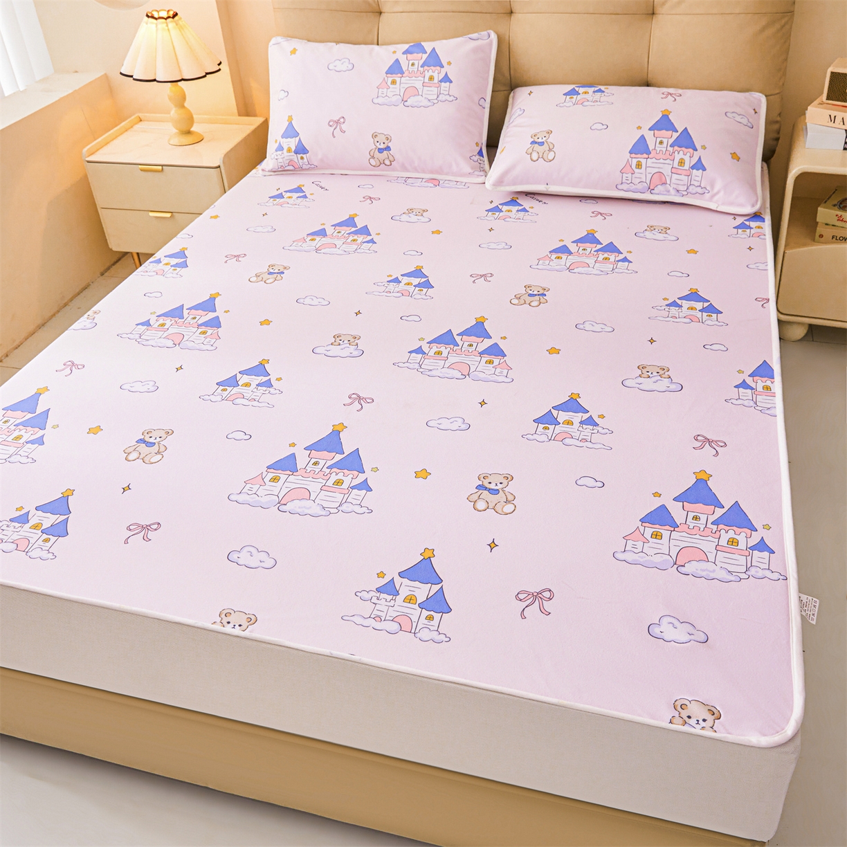 91家纺网 家纺一手货源 找家纺 雯豆家纺 2025新款TPU防水隔尿床笠防脏垫单床笠床笠单件 防水床笠-天使城堡