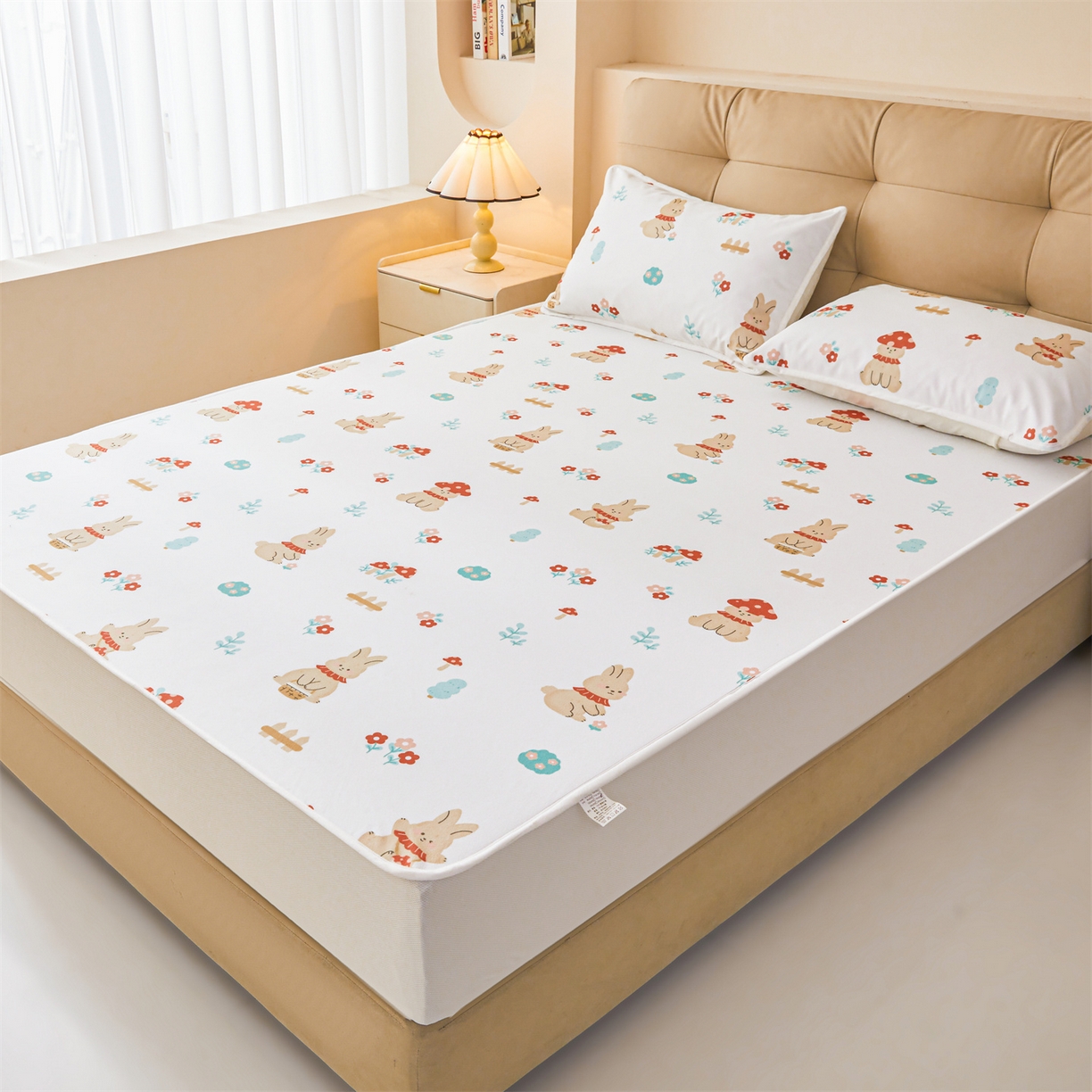 91家纺网 家纺一手货源 找家纺 雯豆家纺 2025新款TPU防水隔尿床笠防脏垫单床笠床笠单件 防水床笠-甜梦小兔