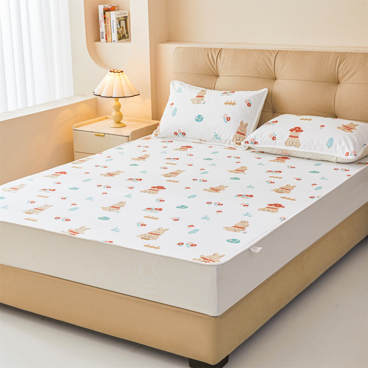 91家纺网 家纺一手货源 找家纺 雯豆家纺 2025新款TPU防水隔尿床笠防脏垫单床笠床笠单件 防水床笠-甜梦小兔