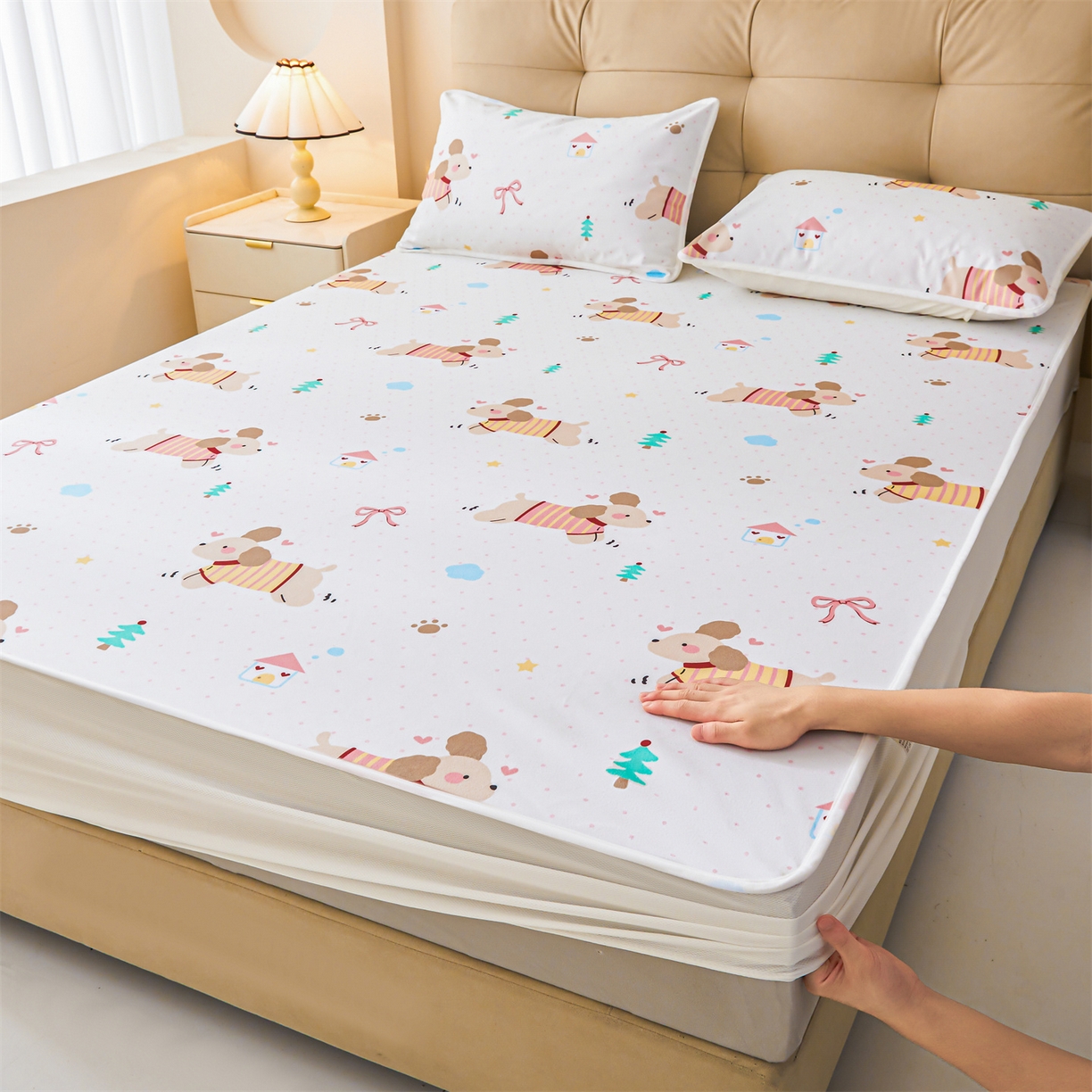 雯豆家纺 2025新款TPU防水隔尿床笠防脏垫单床笠床笠单件 防水床笠-条纹狗