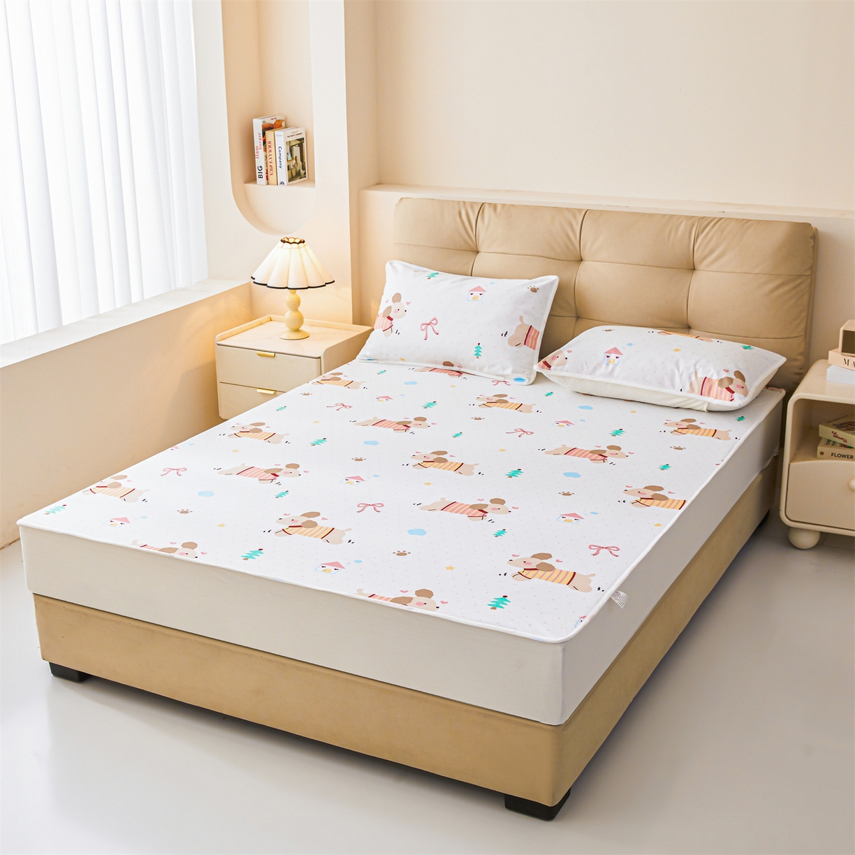 91家纺网 家纺一手货源 找家纺 雯豆家纺 2025新款TPU防水隔尿床笠防脏垫单床笠床笠单件 防水床笠-条纹狗