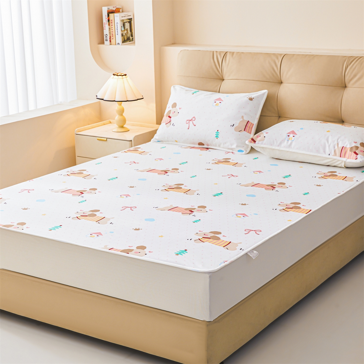 91家纺网 家纺一手货源 找家纺 雯豆家纺 2025新款TPU防水隔尿床笠防脏垫单床笠床笠单件 防水床笠-条纹狗