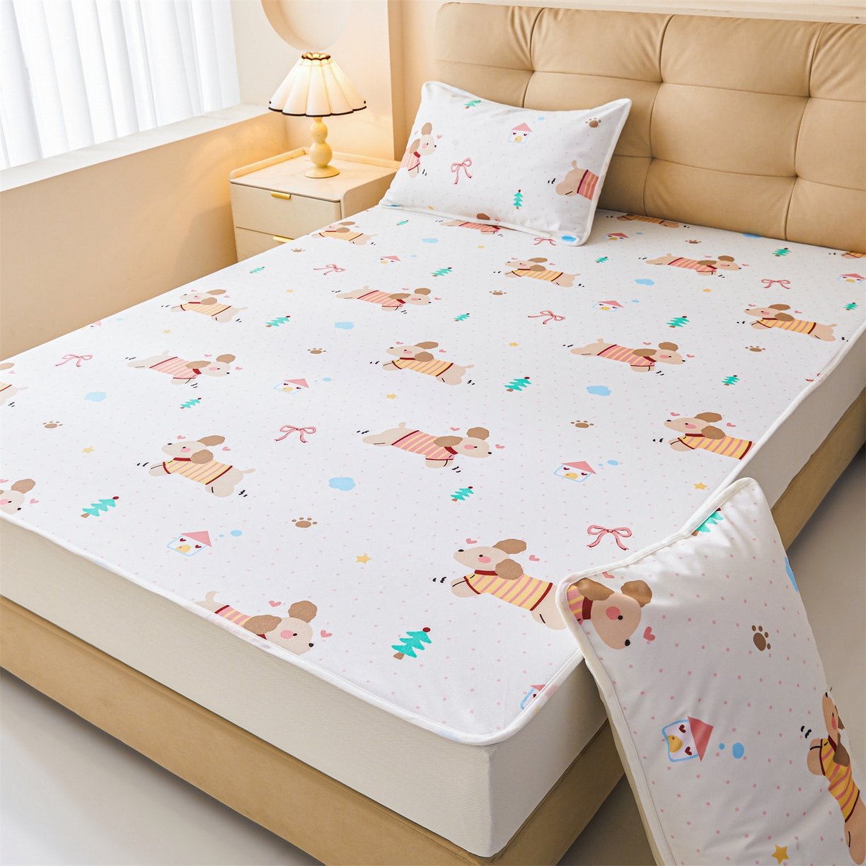 91家纺网 家纺一手货源 找家纺 雯豆家纺 2025新款TPU防水隔尿床笠防脏垫单床笠床笠单件 防水床笠-条纹狗