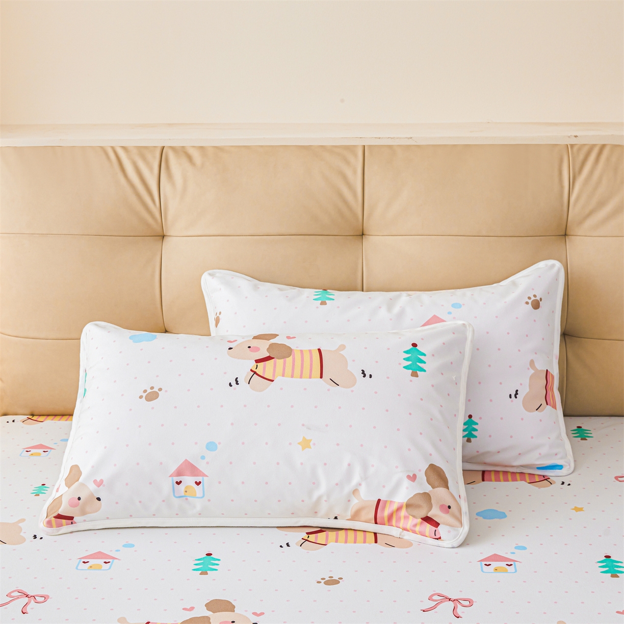 91家纺网 家纺一手货源 找家纺 雯豆家纺 2025新款TPU防水隔尿床笠防脏垫单床笠床笠单件 防水床笠-条纹狗