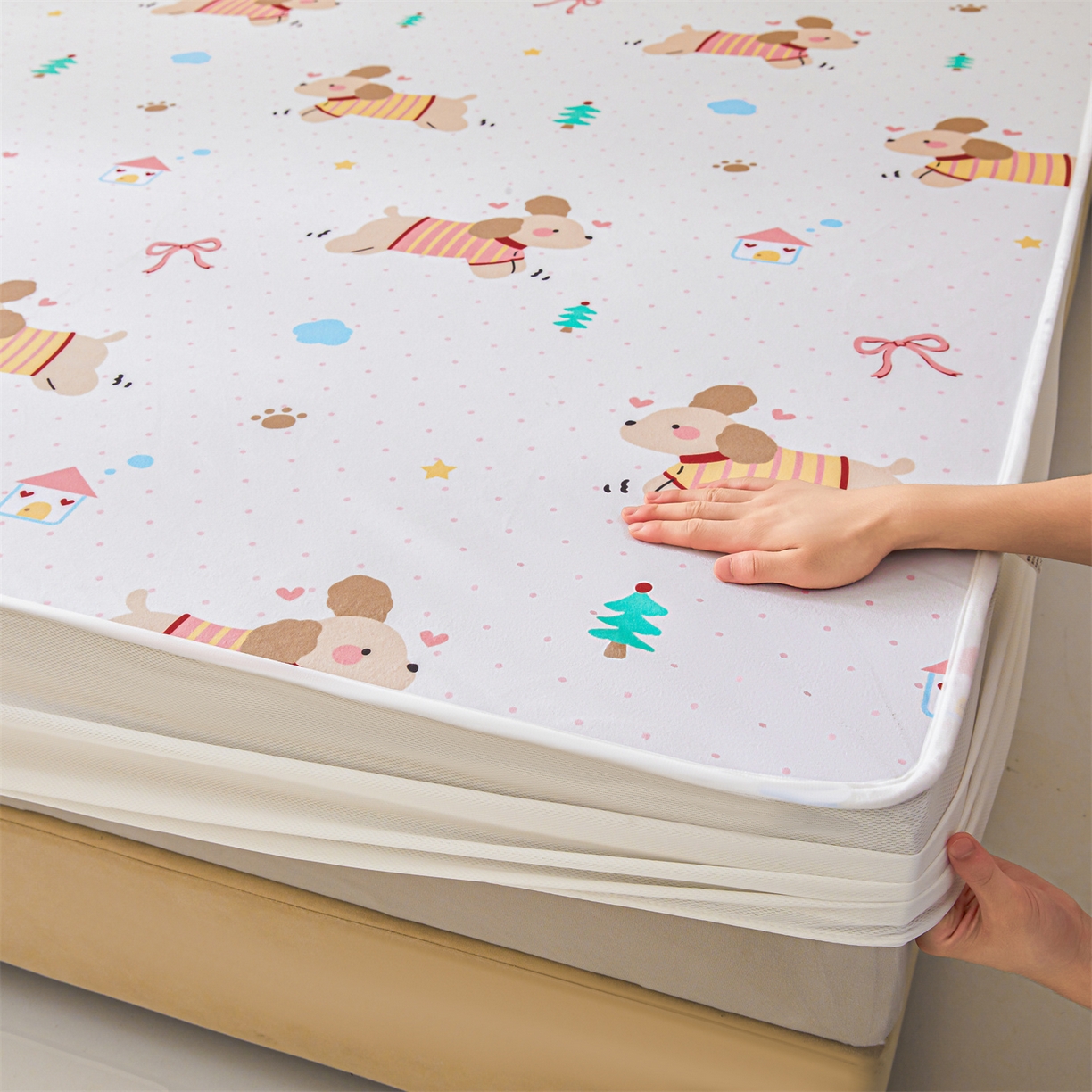 91家纺网 家纺一手货源 找家纺 雯豆家纺 2025新款TPU防水隔尿床笠防脏垫单床笠床笠单件 防水床笠-条纹狗