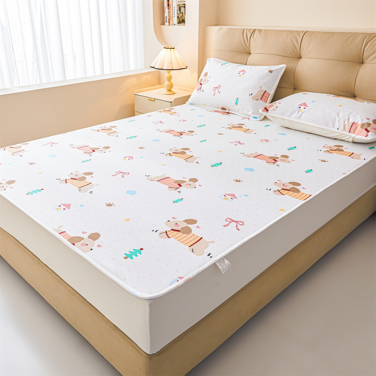 91家纺网 家纺一手货源 找家纺 雯豆家纺 2025新款TPU防水隔尿床笠防脏垫单床笠床笠单件 防水床笠-条纹狗