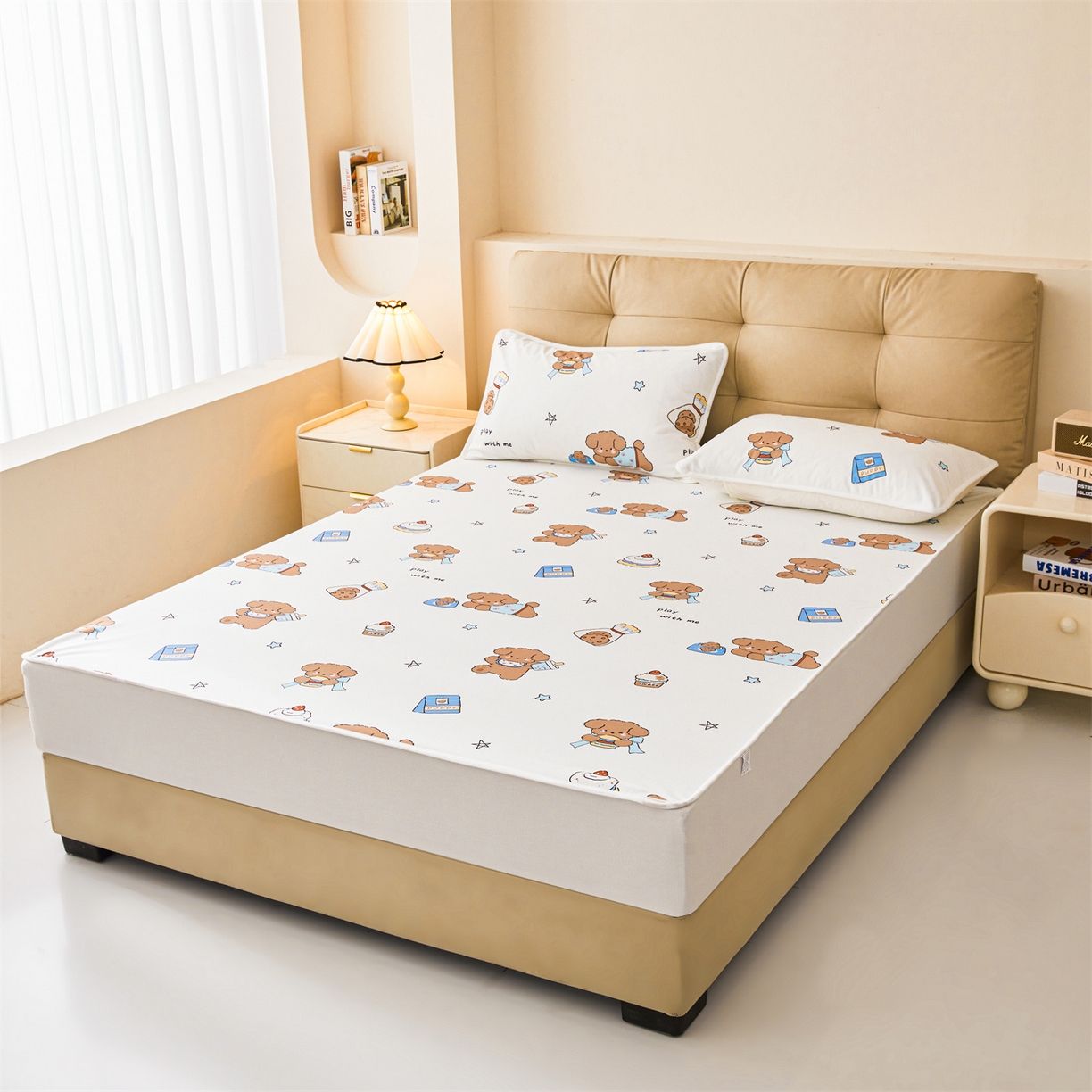 91家纺网 家纺一手货源 找家纺 雯豆家纺 2025新款TPU防水隔尿床笠防脏垫单床笠床笠单件 防水床笠-吐司熊