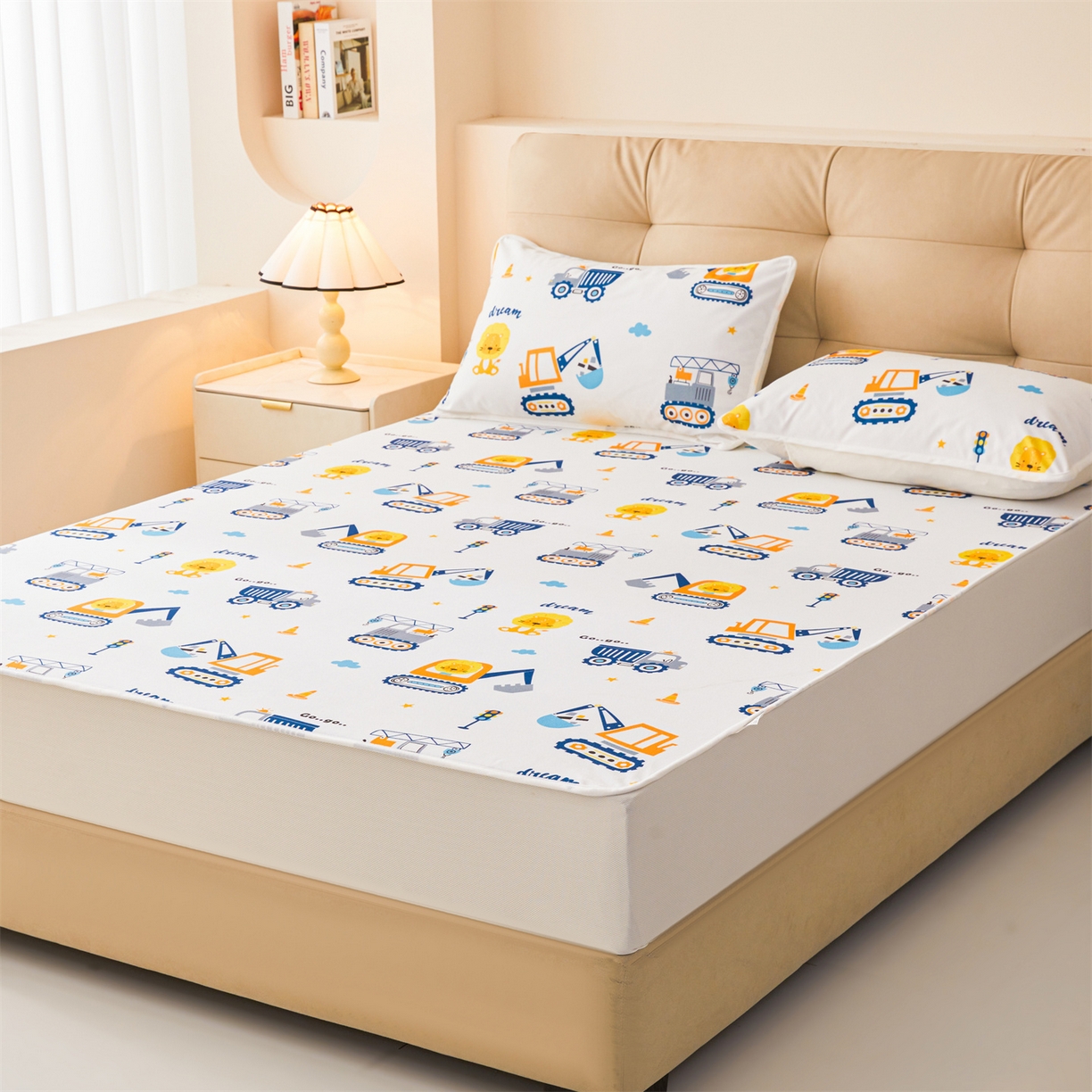 91家纺网 家纺一手货源 找家纺 雯豆家纺 2025新款TPU防水隔尿床笠防脏垫单床笠床笠单件 防水床笠-挖掘机