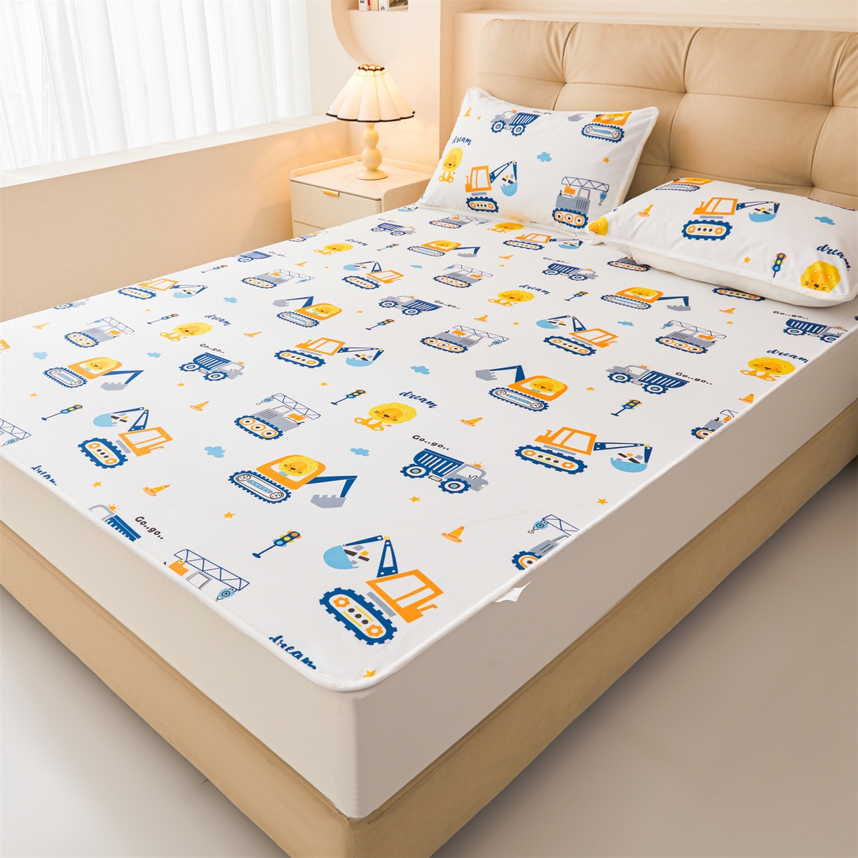 91家纺网 家纺一手货源 找家纺 雯豆家纺 2025新款TPU防水隔尿床笠防脏垫单床笠床笠单件 防水床笠-挖掘机