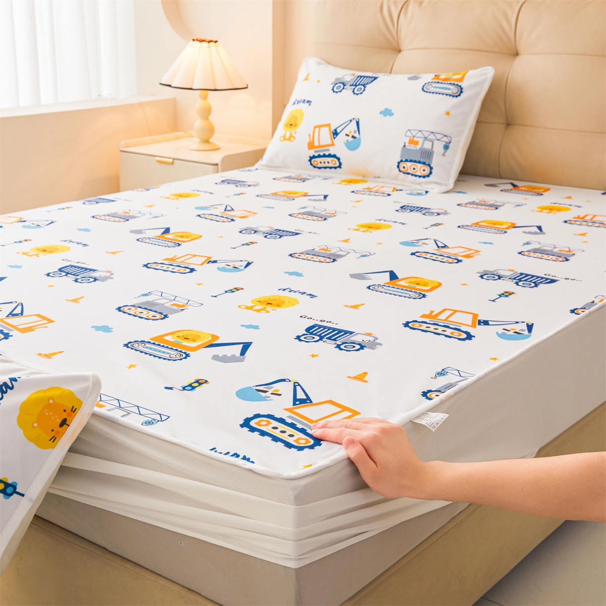 91家纺网 家纺一手货源 找家纺 雯豆家纺 2025新款TPU防水隔尿床笠防脏垫单床笠床笠单件 防水床笠-挖掘机